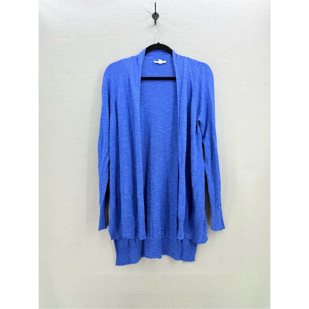 Eileen Fisher Women Blue Linen Blend Slub Knit Open Front Cardigan Sweater Small